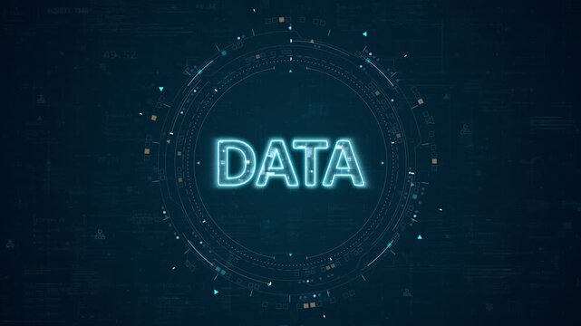 Motion graphic of data technology with big data and data analytics text on a futuristic interface, designed for business intelligence presentations and reports.