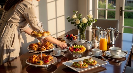 Fototapeta premium A lavish breakfast spread awaits, featuring an assortment of pastries, fresh fruit, and orange juice, beautifully presented on a table by a window, bathed in the soft, warm light of morning.