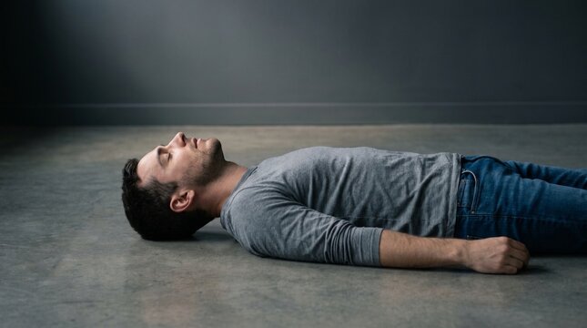 Man lying on floor, looking up, alone in dark room