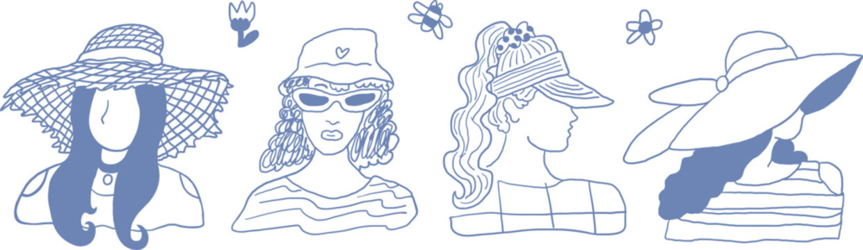 female in summer headgears in hand drawn style in vector. Element for design advertisement mail posts poster print postcard banner decor backgrounds