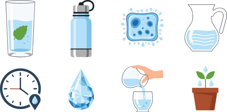 Healthy Hydration and Daily Water Intake Tracking Icon Set with Drinking Glasses Reusable Flasks Pitchers Plant Watering and Time Reminders Vector Graphics