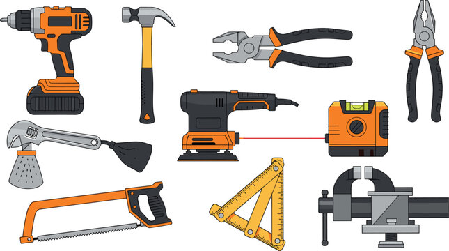 Woodworking and Carpentry Hand Tools Vector Set Featuring Power Drills Hammers Pliers Sanders Laser Levels Hacksaws Folding Rulers and Bench Vise Equipment