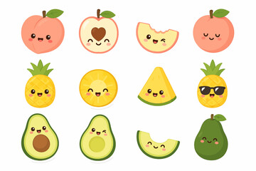 Fototapeta premium Adorable Kawaii Fruits Collection Charming Peaches Pineapples Avocados and Melons Displaying Delightful Expressions for Joyful Food Art and Playful Branding Concepts. VectorIconFruitSummerFlatBundleSe