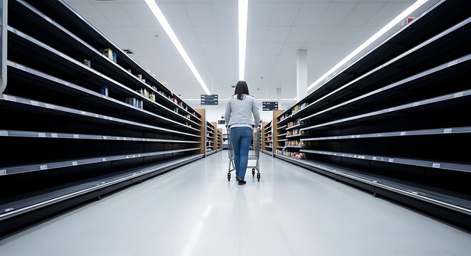 A lone shopper pushes a cart down an aisle with empty shelves in a supermarket, highlighting scarcity and consumer concern.