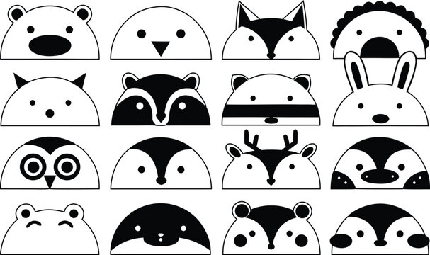 Collection of various cute animal faces in black and white