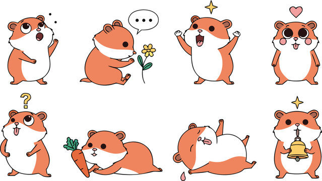 A set of adorable cartoon hamsters in various poses and expressions on isolated for digital and print use