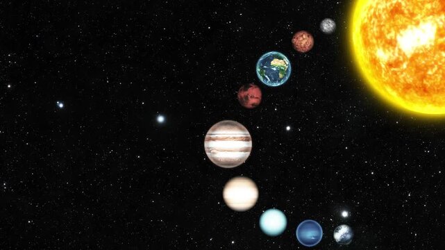 Solar system planets aligned with sun in starry space animation