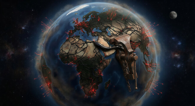 Planet Earth in Vise Grip Representing Global Crisis