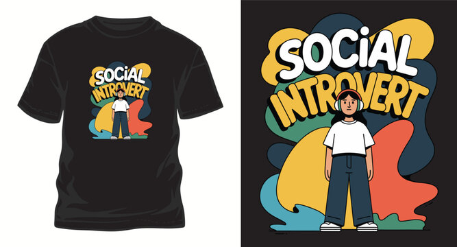 Social introvert person with headphones surrounded by abstract shapes on black t shirt design.