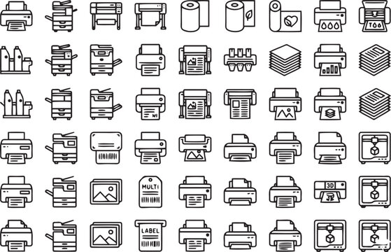 Collection of hand drawn printer and printing equipment icons featuring various office machines and paper sheets for professional document production