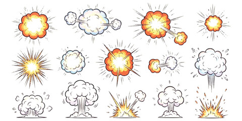 Set of cartoon comic book explosion elements with colorful smoke clouds and dynamic burst effects Vector, illustration © md