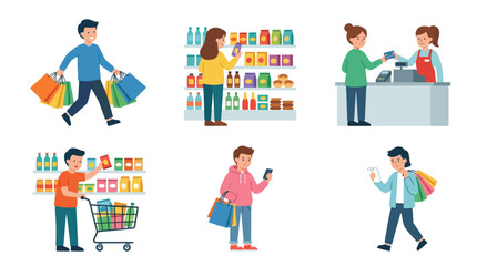 Fototapeta premium People shopping and buying food and drinks in a supermarket with shopping carts and bags.