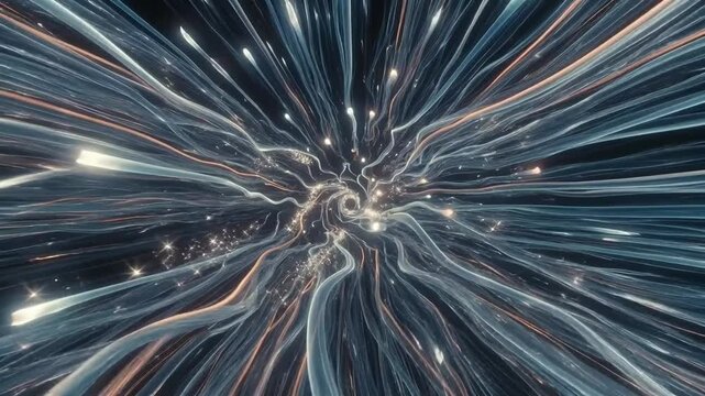 Radiant flowing light streaks forming an abstract burst in digital style on a dark background, signaling dynamic energy