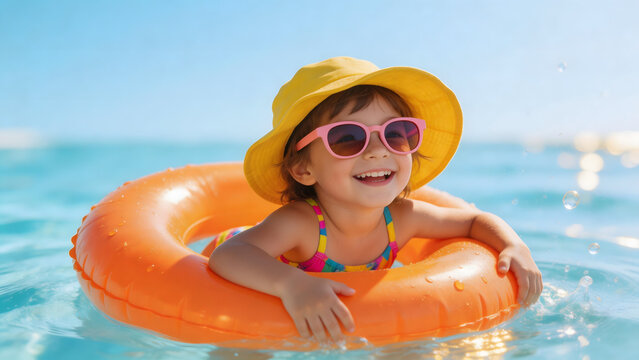 Child in float at beach
