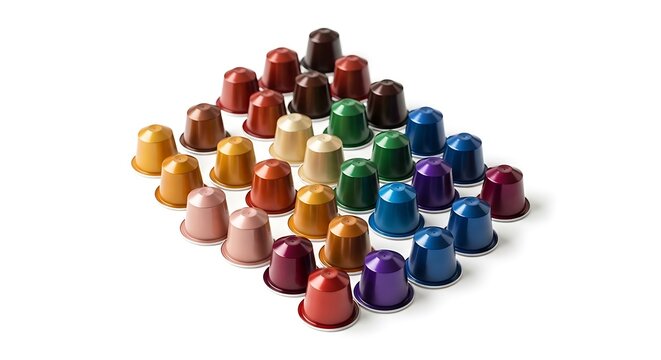 A collection of colorful coffee capsules arranged in a neat geometric pattern, offering a vibrant display of beverage choices.