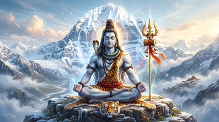 Fototapeta premium Divine Lord Shiva meditating before Mount Kailash for spiritual devotion and sacred festival artwork