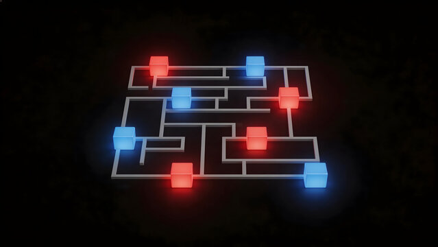 Luminous maze with red and blue cubes