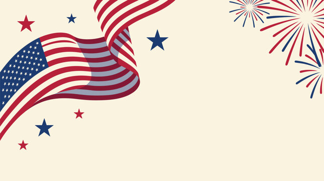 Waving Red White Blue Banner with Festive Firework Display Background Illustration