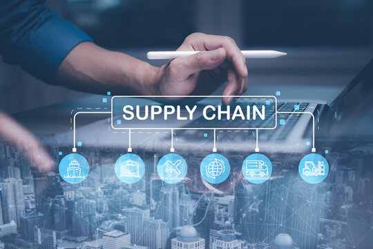 Professional illustrating supply chain management with digital icons and a person using a stylus on a tablet