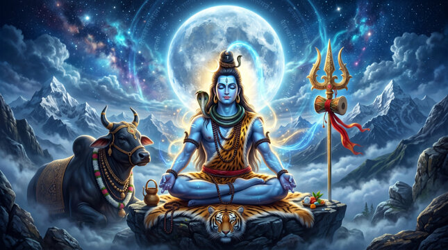 Divine Lord Shiva with Nandi beneath moonlight for spiritual devotion and sacred festival artwork