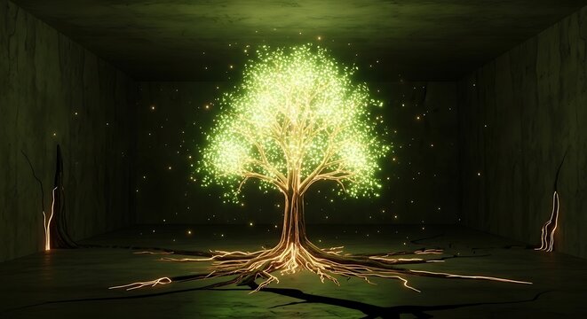 A luminous tree with glowing leaves and intricate root system emanates a soft light within a dark, enclosed space, symbolizing growth and resilience.