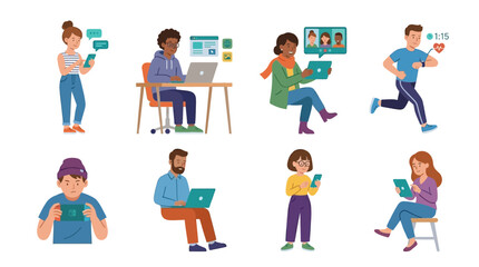 Fototapeta premium People using various devices in an office setting and on the move with laptops tablets and phones.
