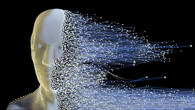 3D render of a human head dissolving into digital data particles and neural network streams.