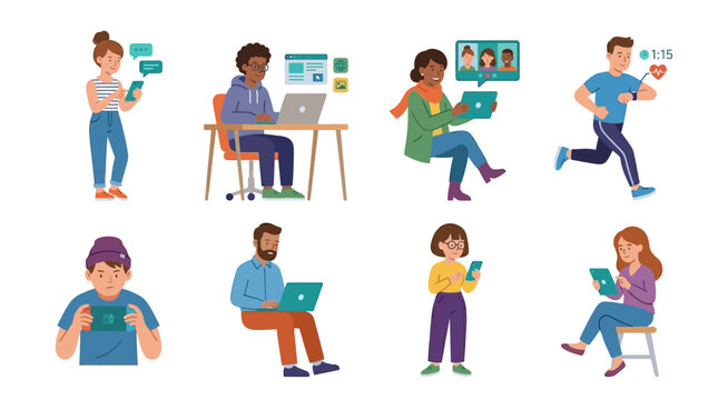 People using various devices in an office setting and on the move with laptops tablets and phones.