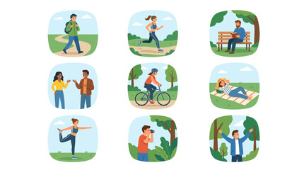 Fototapeta premium People engage in fitness activities outdoors in park setting with friends and nature
