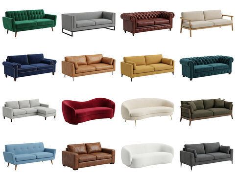 Collection of various colorful sofas and couches on transparent background