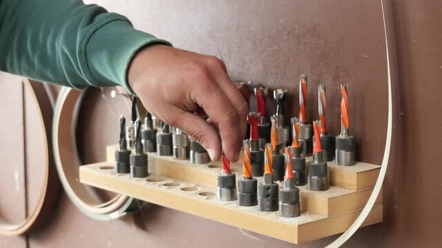 Carpenter selecting drill bit from workshop tool rack