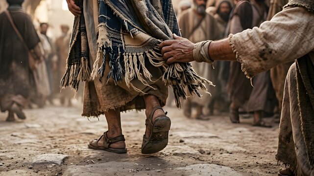 A person reaches out to touch a rough white garment in a bustling ancient village street. People wearing historical middle eastern robes walk on a dirt path during warm golden sunset light.