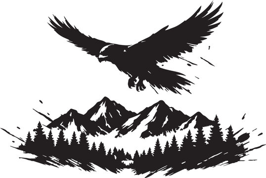 A black and white silhouette of a falcon fly over the mountains and forest in dynamic ink splash style  vector with transparent background 