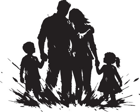 A black and white silhouette of a family in dynamic ink splash style vector with transparent background 
