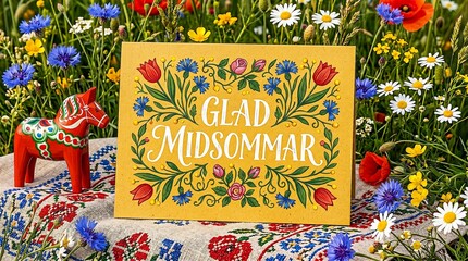 Fototapeta premium Glad Midsommar Greeting Card With Swedish Floral Folk Art, Dala Horse and Summer Flowers