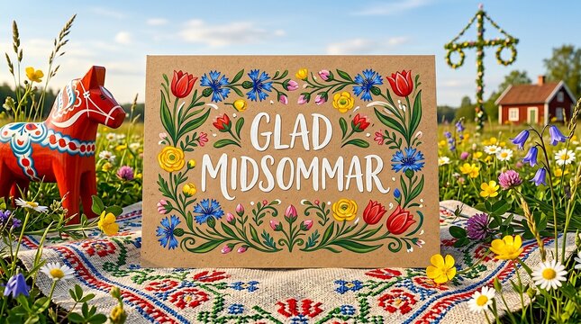 Glad Midsommar Greeting Card With Dala Horse, Floral Wreath And Maypole In Swedish Summer Meadow