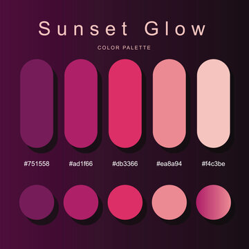 Modern Sunset Glow color palette with plum, pink, and peach rounded swatches, hex codes, subtle smooth gradient, dark clean layout for branding and UI/UX design.