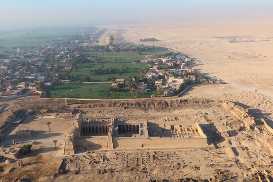 Aerial view of Habu temple and surrounding area in the west bank in Luxor