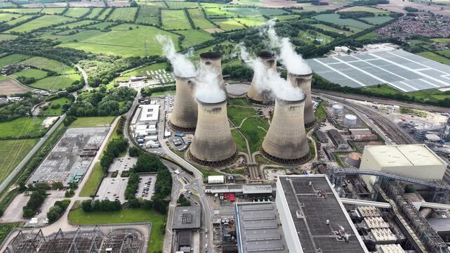 aerial view of electricity grid power station fired power station,  Yorkshire, England