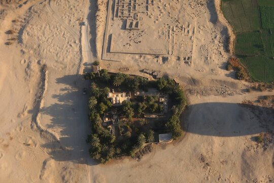 Aerial view of Habu temple and surrounding area in the west bank in Luxor