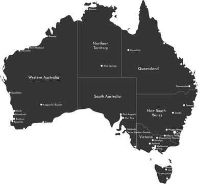 Australia map with states and cities dark vector illustration for travel and geography