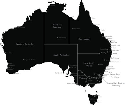 Black Australia map with states and cities simple vector illustration 
