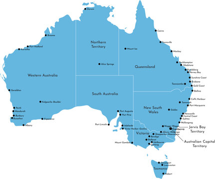 Map of Australia with cities and states vector illustration for travel and geography