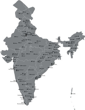 Map of India with states and major cities political geography vector illustration