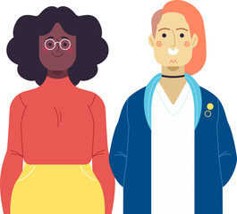 Obraz premium Diverse people avatar character vector illustration. Flat design modern young man and woman portrait set. Minimalist couple illustration for user profile and web UI.