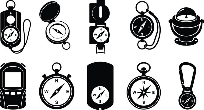 Collection of diverse compass icons, illustrating navigation tools and directional finding devices, perfect for outdoor adventure and orienteering themes