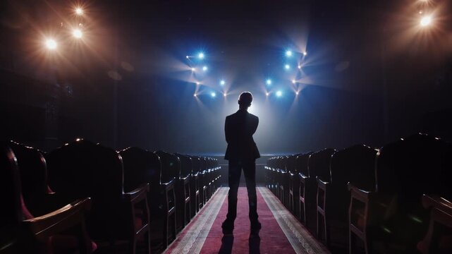 Zoom Out From Thoughtful Man Silhouette to Wide Symmetrical Stage View