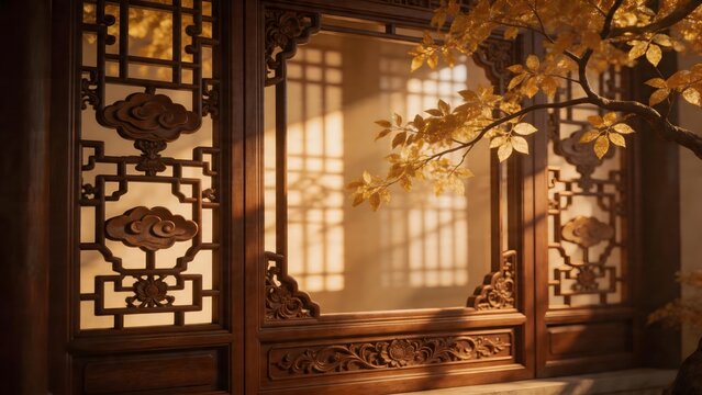 Traditional wooden window with autumn leaves