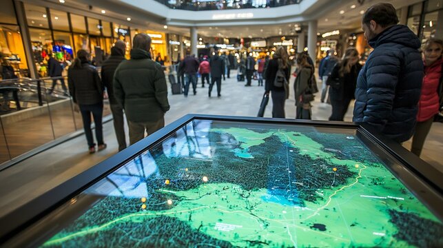 Interactive digital kiosk showing green topographic map data in a modern exhibition hall with blurred people background