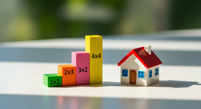 Miniature house and colorful blocks with dimensions on white surface building